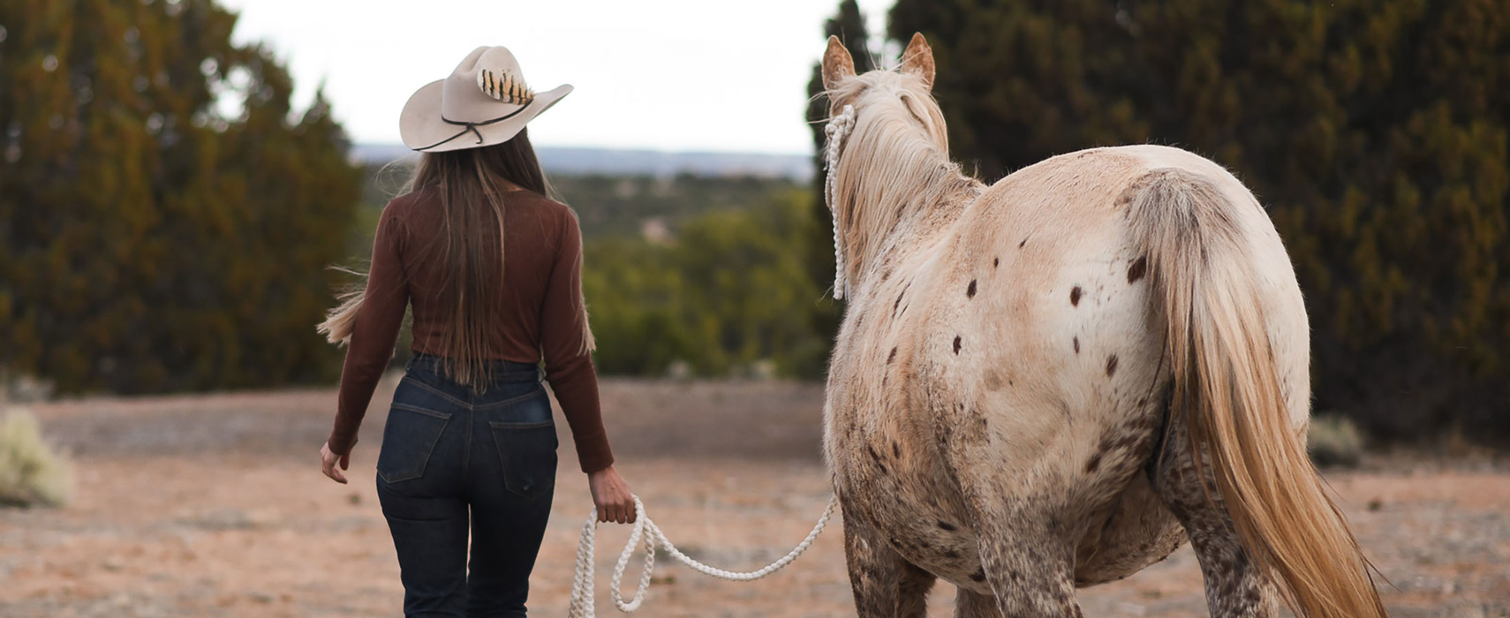 Una mujer, Stella Maria Baer, con un sombrero de vaquero color canela y conduciendo un caballo appaloosa lejos de la cámara hacia los árboles.